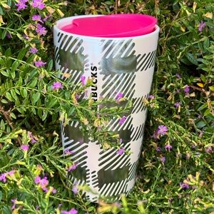 New Starbucks 2024 Iridescent Luster Silver Pink Checkered Ceramic Trave…
